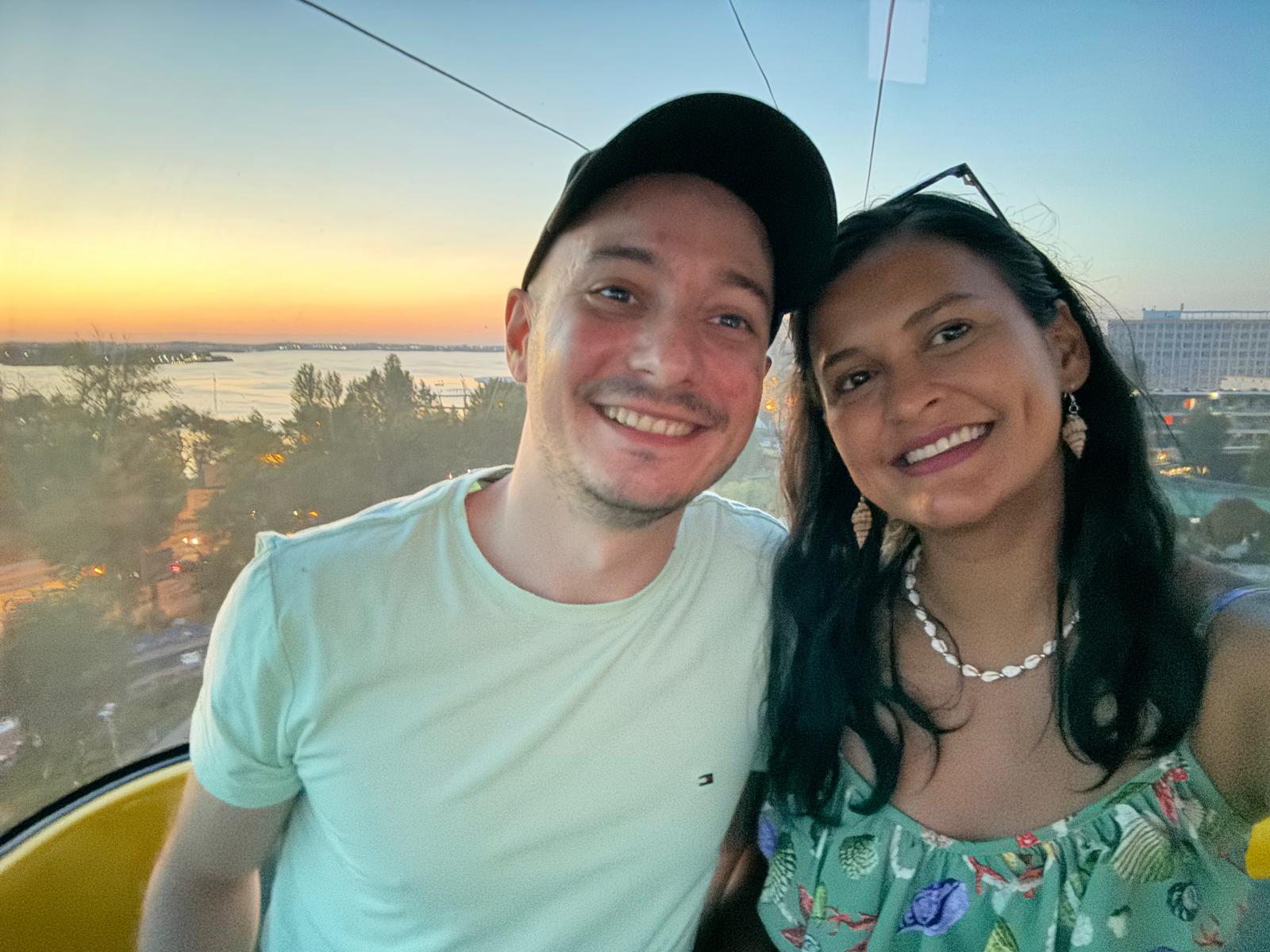 A ferris wheel at sunset